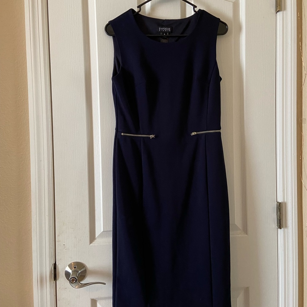 Enfocus Navy Blue Formal Dress with Decorative Zipper Pockets